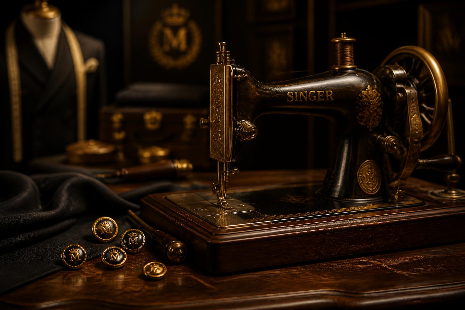 Vintage sewing machine and horn buttons in the atelier