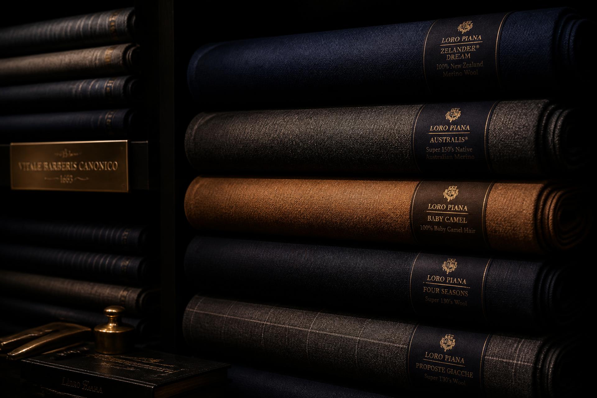 Rolls of premium Italian and English suiting fabrics