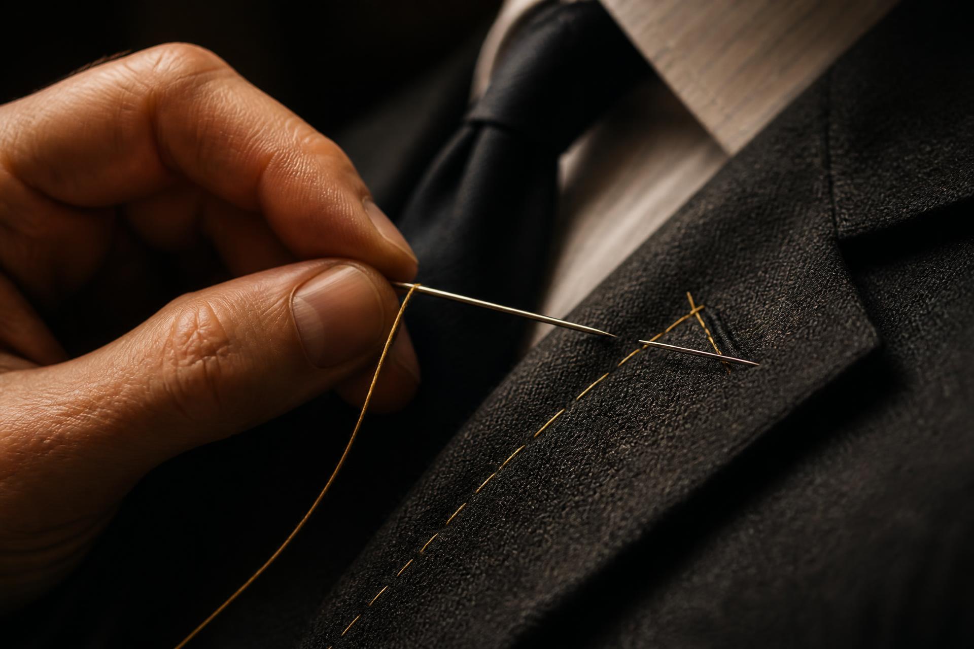 Hand stitching a lapel with golden thread